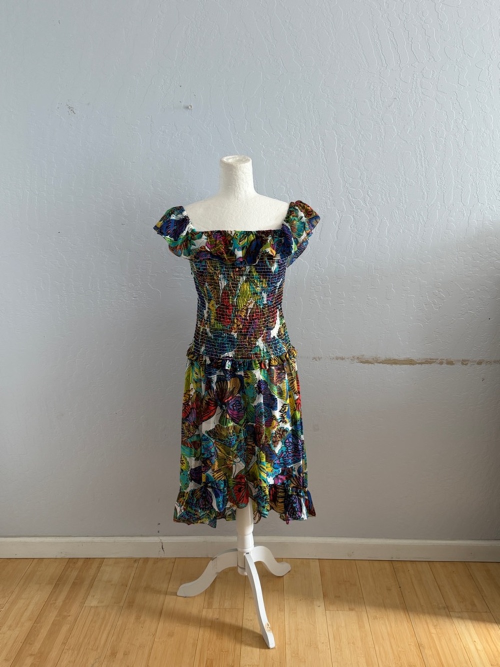 Nanette Lepore Blue Green Multi Floral Off-Shoulder Midi Dress